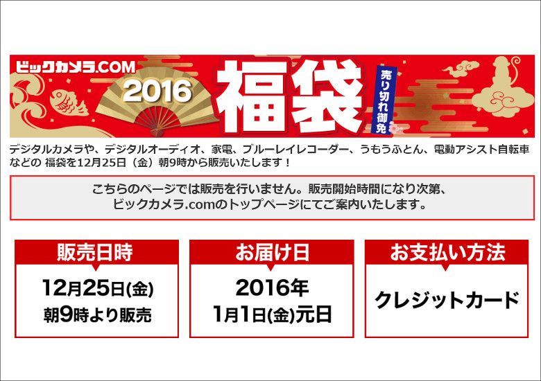 ビックカメラとソフマップが12月25日朝9時に福袋を発売