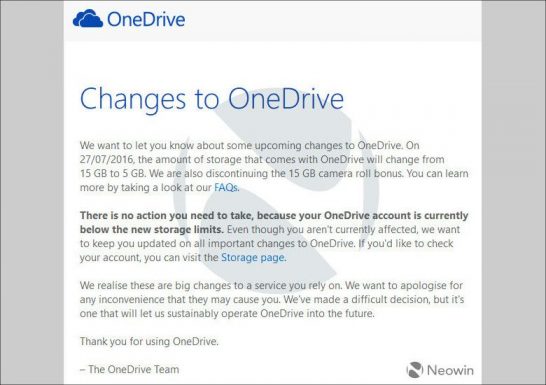 OneDrive容量縮小のメール
