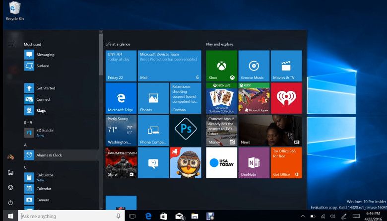 Windows 10 ビルド14328　スタートメニュー