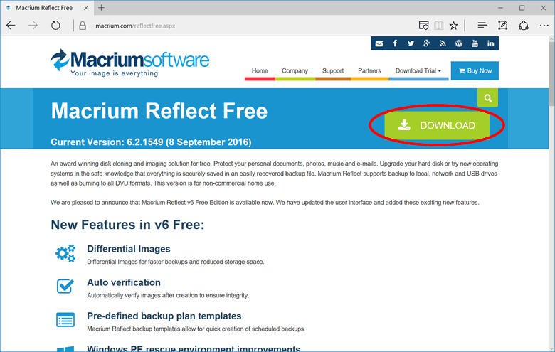 Macrium Reflect Free ダウンロード画面