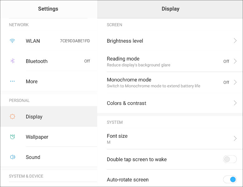 Xiaomi Mi Pad 3 ディスプレイコントロール