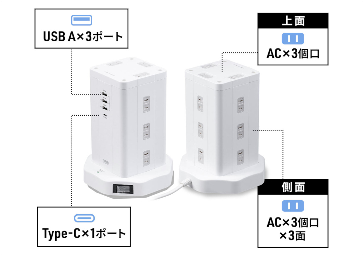 サンワサプライ タワー型電源タップ 700-TAP074BK