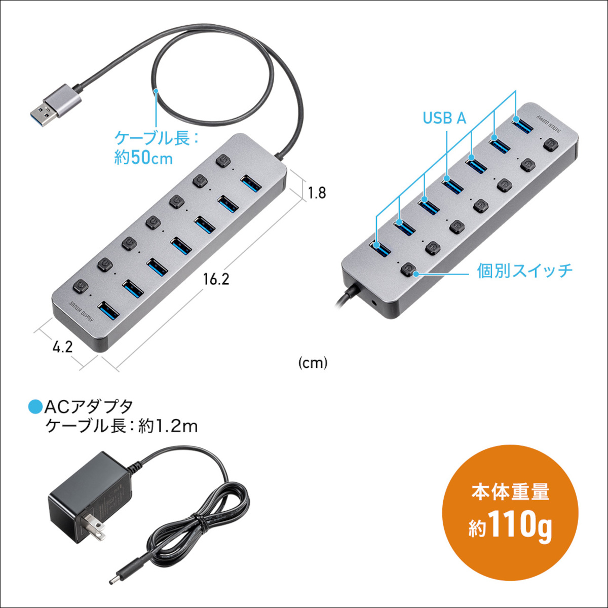 サンワダイレクト セルフパワーUSBハブ 400-HUBC32GM/400-HUBA32GM