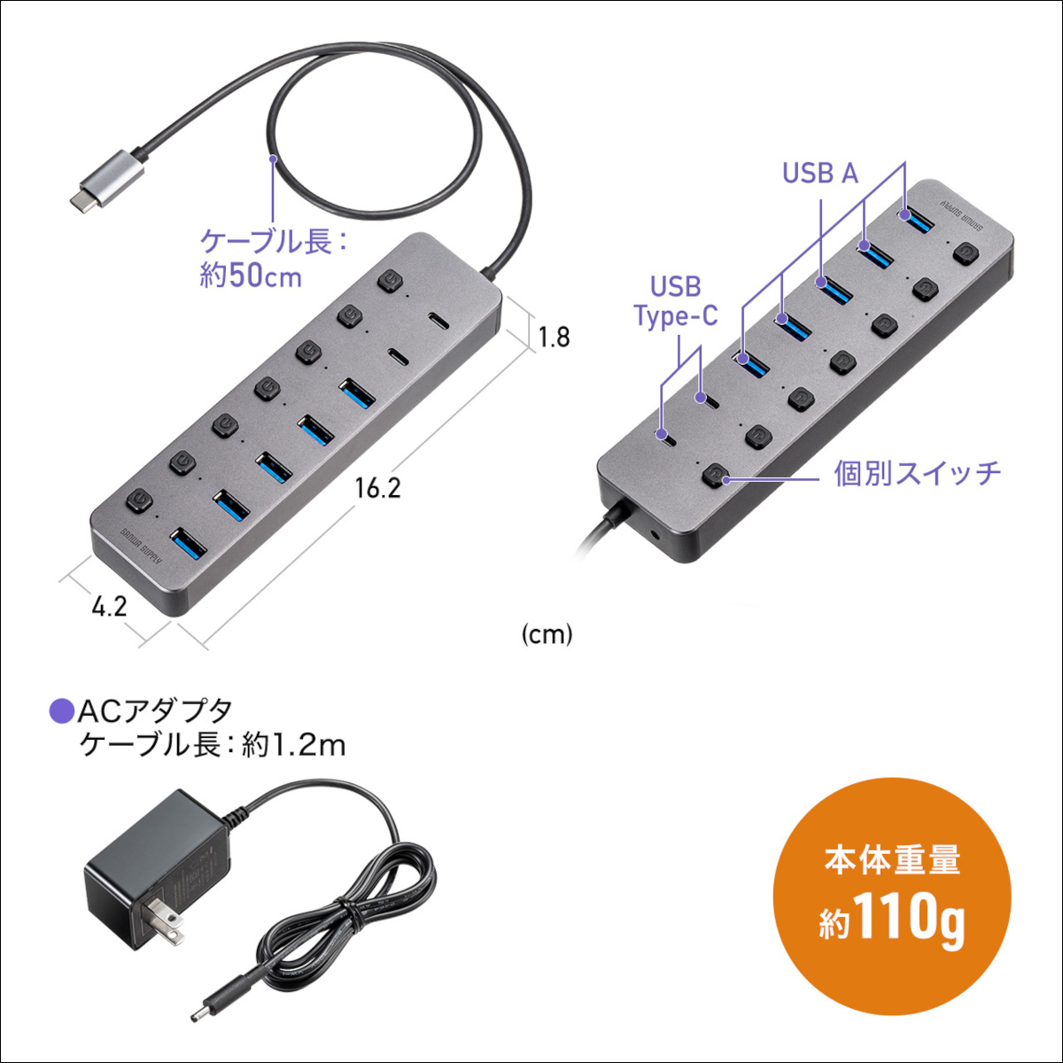 サンワダイレクト セルフパワーUSBハブ 400-HUBC32GM/400-HUBA32GM