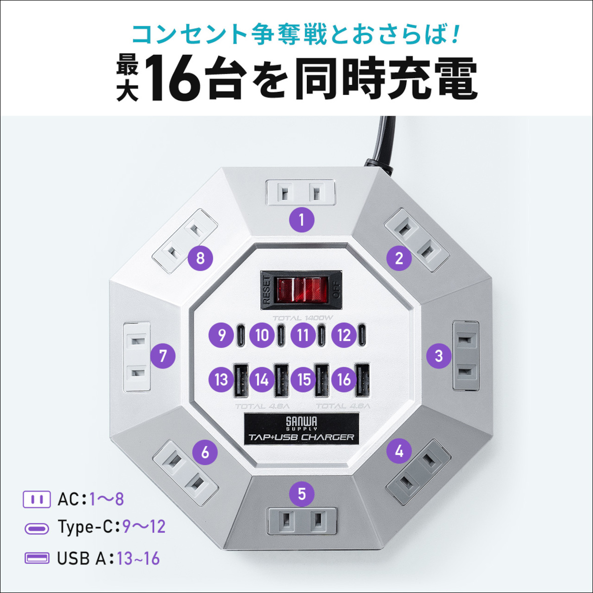 サンワダイレクト USBポート付 電源タップ 700-TAP072