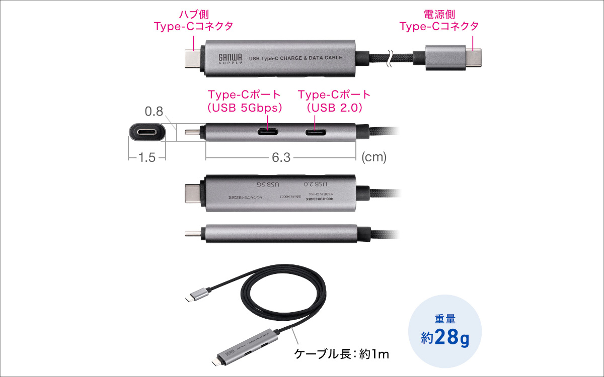 サンワダイレクト USBハブ付きUSB Type-C充電ケーブル 400-HUBC34