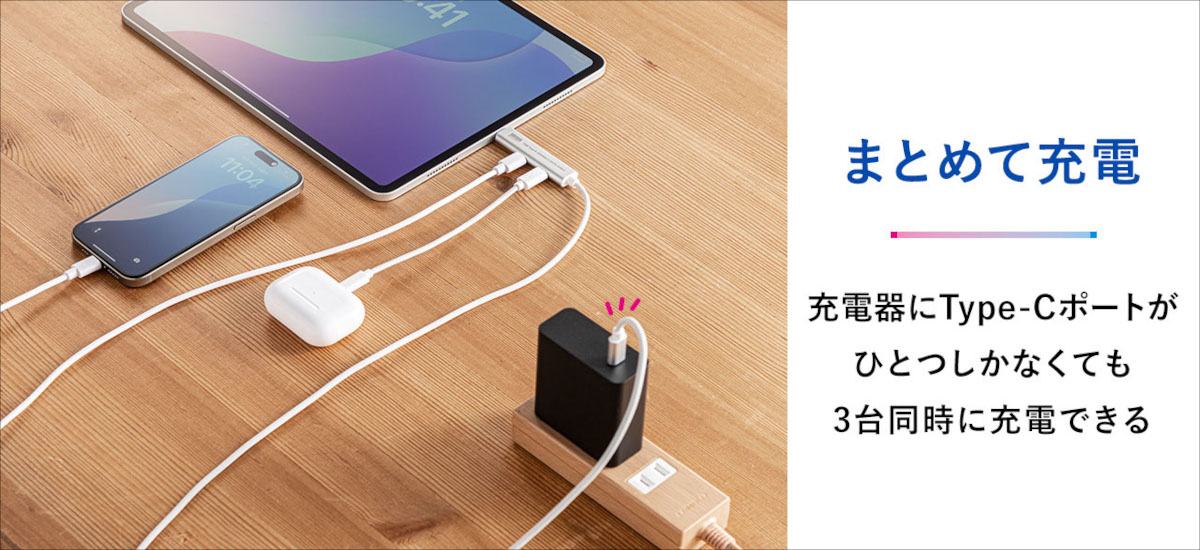 サンワダイレクト USBハブ付きUSB Type-C充電ケーブル 400-HUBC34