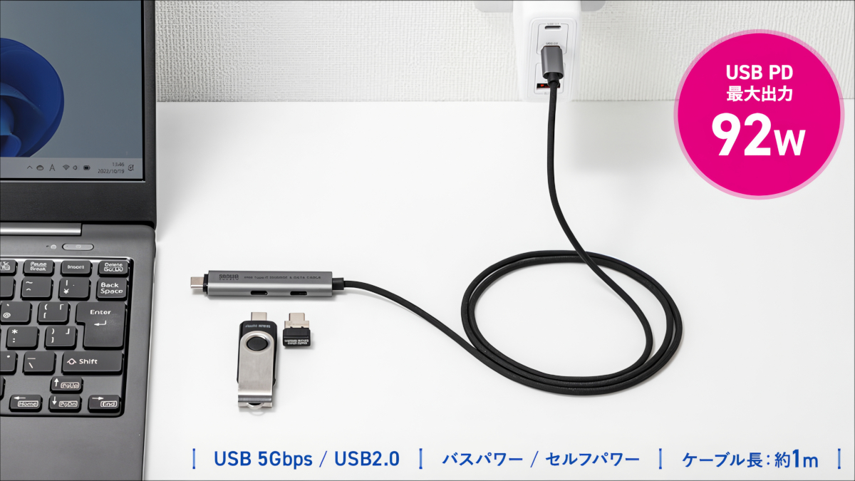 サンワダイレクト USBハブ付きUSB Type-C充電ケーブル 400-HUBC34