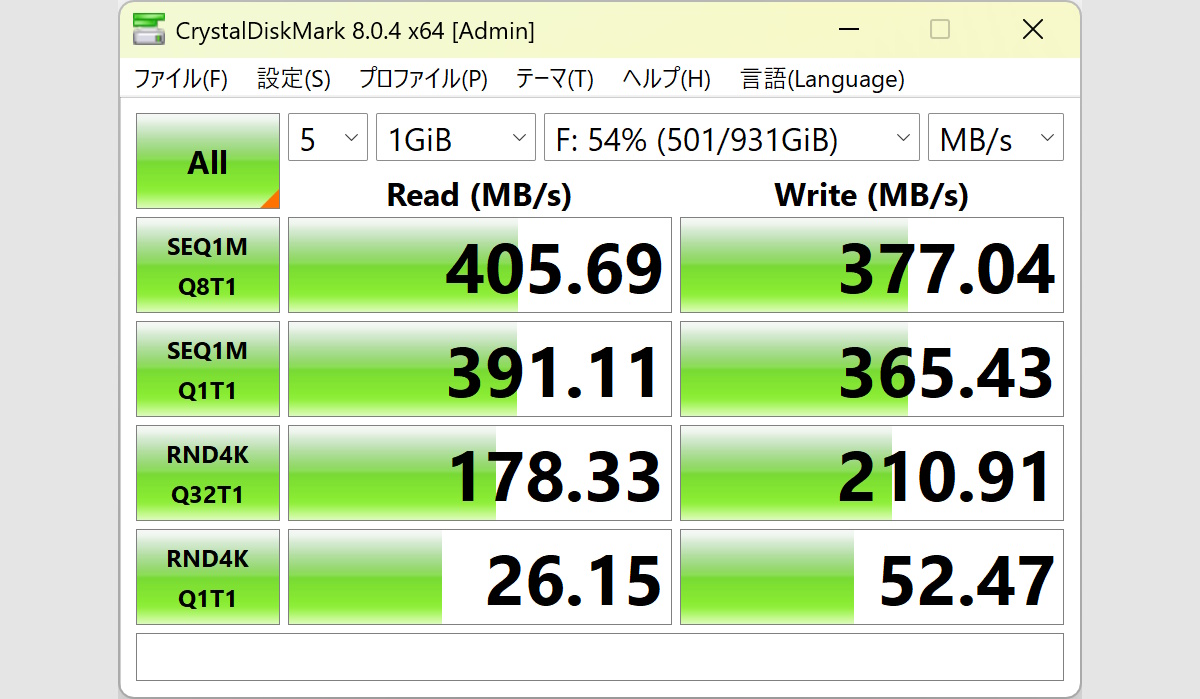 MOVESPEED ポータブルSSDの「通常の」Crystal Disk Markスコア