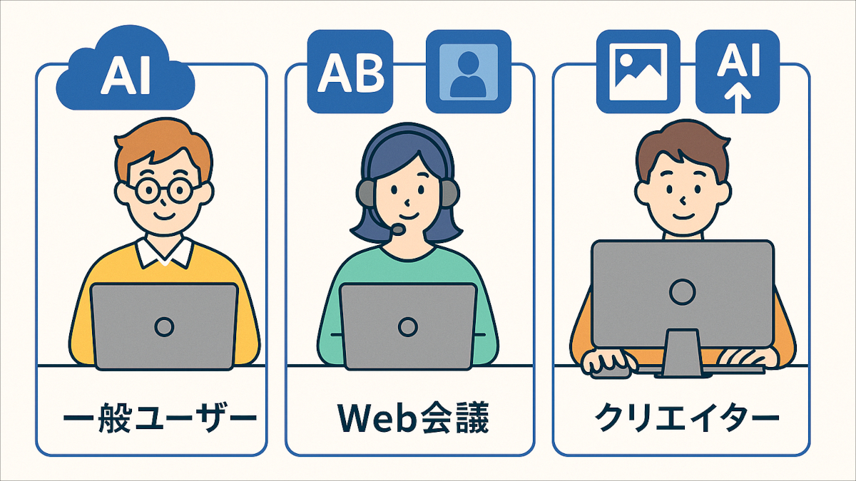 一般ユーザー・Web会議ユーザー・クリエイター向けに、AI機能の有用性を表したイラスト