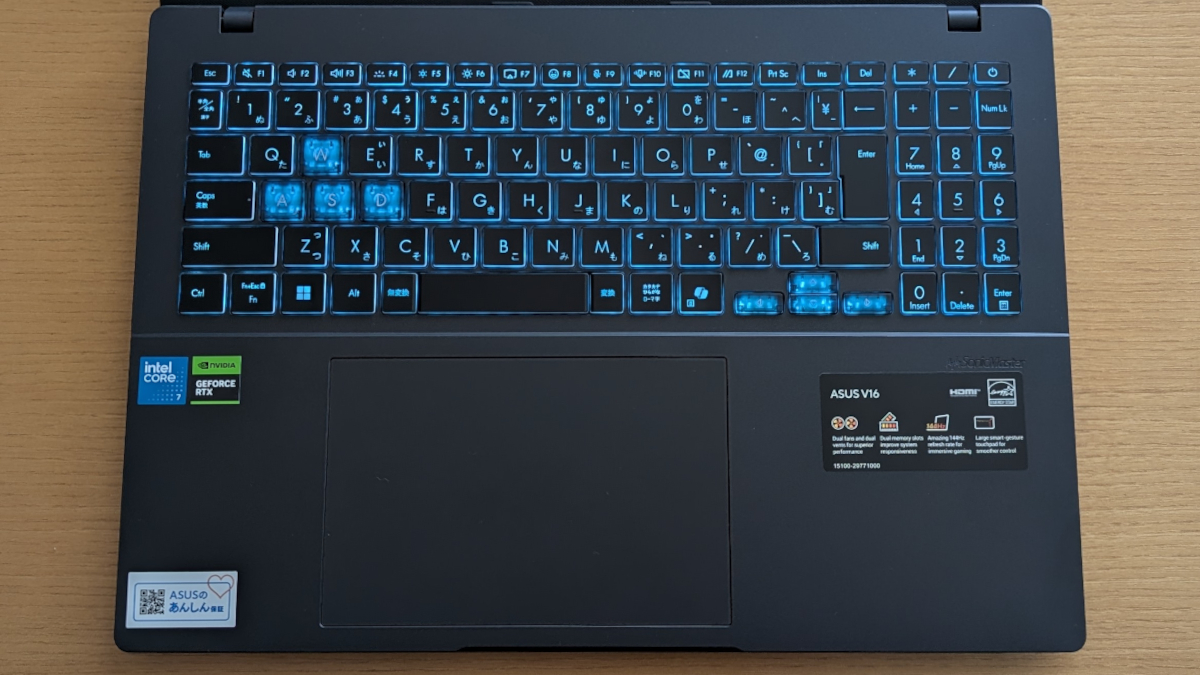 ASUS Gaming V16 V3607 キーボード（バックライトON）