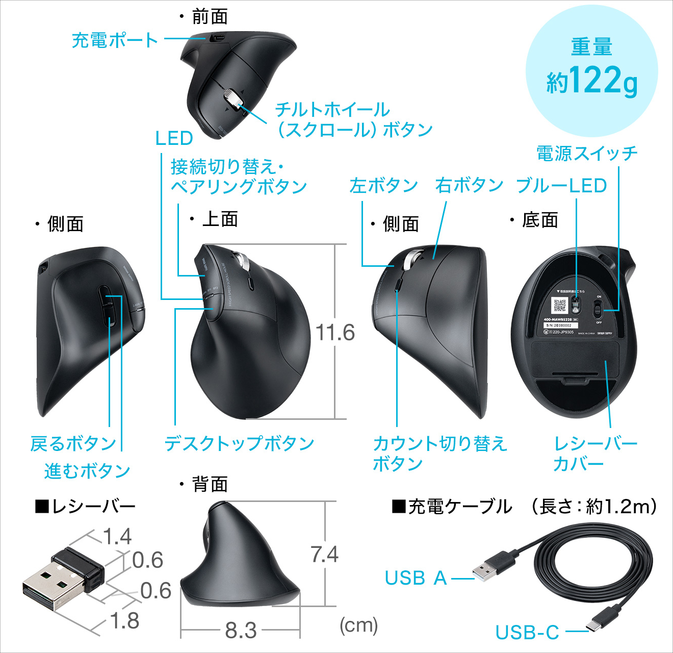 サンワダイレクト エルゴノミクスマウス 400-MAWBS228BK