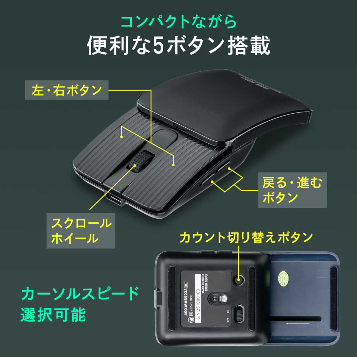 サンワダイレクト 折りたたみ式マウス 400-MABS233