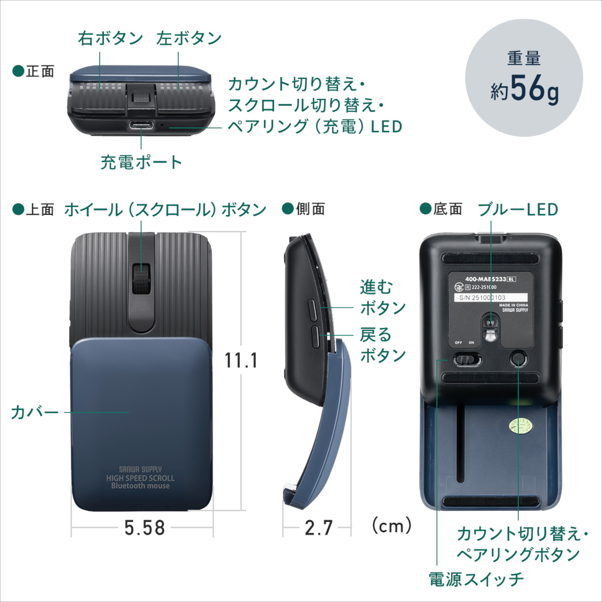 サンワダイレクト 折りたたみ式マウス 400-MABS233